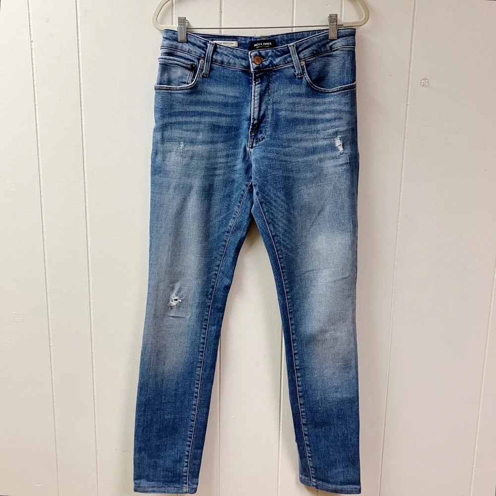 Indie Y2K Grunge JACK JONES Mens Intelligence Skinny Jeans 36/34 Distressed